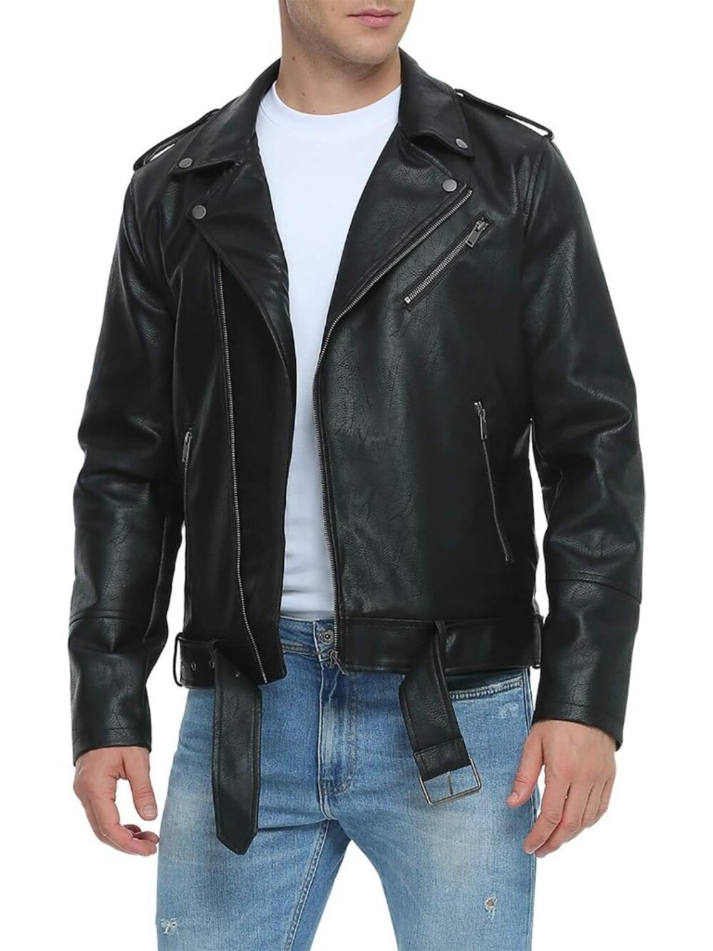 Men Black Leather Zip-Up Long Sleeve Aviator Pockets Motorcycle Bomber Jacket